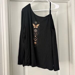 SHEIN Black One-Shoulder Celestial & Butterfly Print Long Sleeve Top
